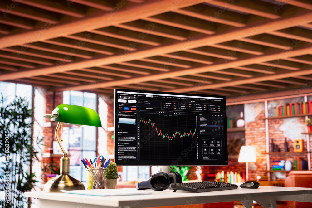 Application on computer screen in apartment used for analyzing crypto coins investment graph fluctuations. Forex volatile assets candlestick chart on PC monitor on home office desk