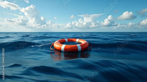 An orange and white life preserver floats in the wavy blue ocean under a partly cloudy sky day