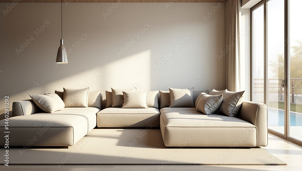 Serene Living Space: Minimalist Beige Couch with Natural Light and Modern Lamp Serene Living Space: Minimalist Beige Couch with Natural Light and Modern Lamp