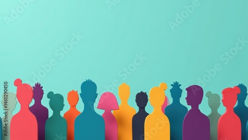 Diverse Paper Cutout Crowd: Community, Inclusion, and Unity on Teal Background