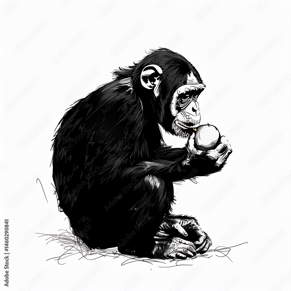 Fototapeta premium Minimalist silhouette Monkey sitting eating fruit clean vector lines main color black accent color none simple background