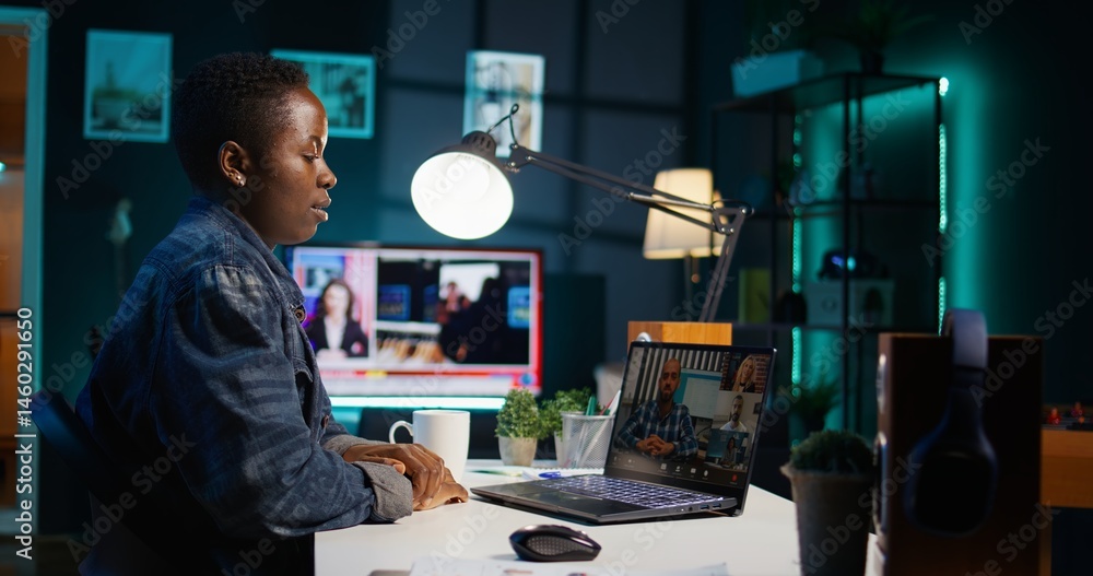 Woman in home office doing business meeting videocall with management executives. Remote worker talking in teleconference with board of directors, presenting project progress, camera B