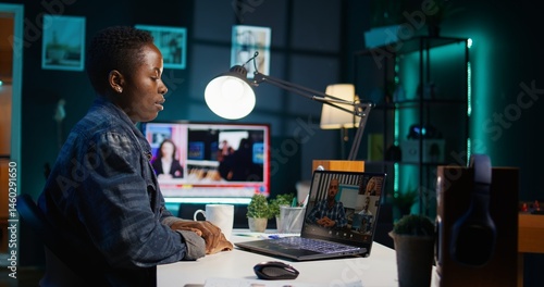 Woman in home office doing business meeting videocall with management executives. Remote worker talking in teleconference with board of directors, presenting project progress, camera B