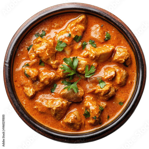 Close up of chicken tikka masala in a bowl garnished with fresh parsley