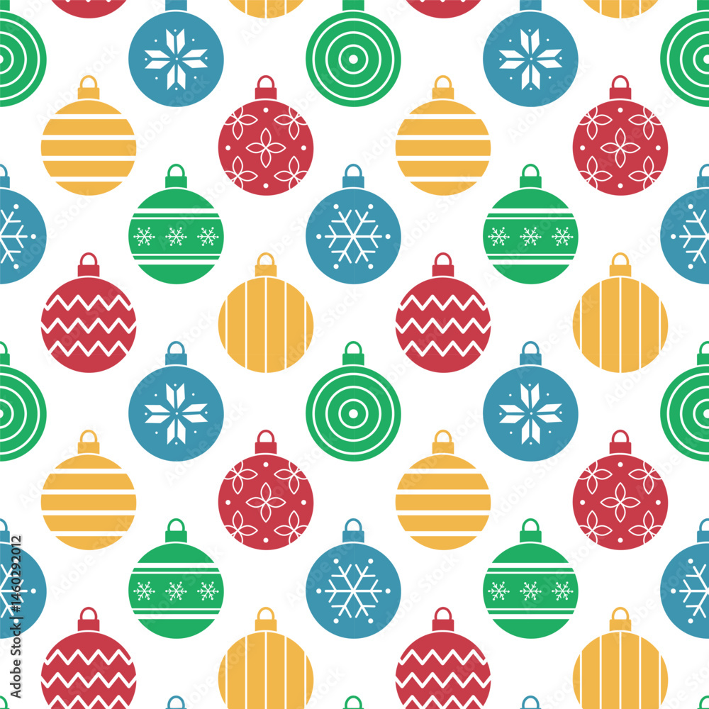 Fototapeta premium Christmas Balls Ornaments Pattern. Seamless Colorful Geometric Print with Christmas Ornament. Trendy Flat Style Background. Can be used for Packaging, Cover. Vector in Red, Blue, Green, Yellow, White