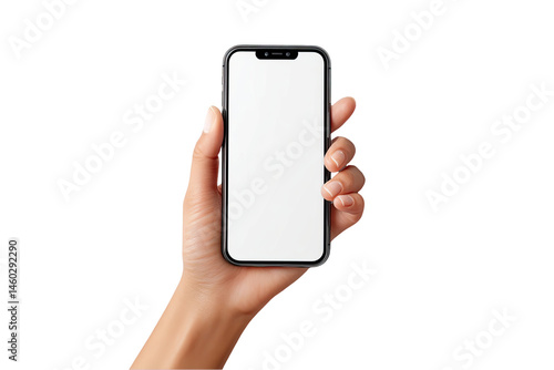 Woman hand holding smartphone with blank screen modern device app girl on transparent background
