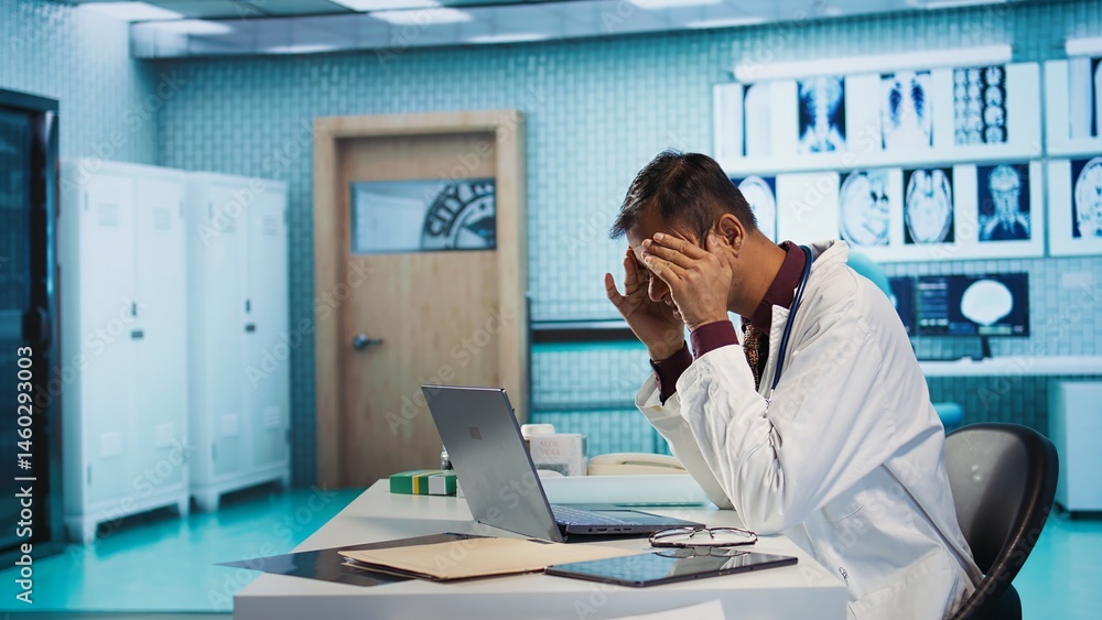 Worried tired doctor working late under pressure to find a cure for a dangerous illness, healthcare services on insurance. Overworked depressed specialist with anxiety deals with burnout. Camera B.