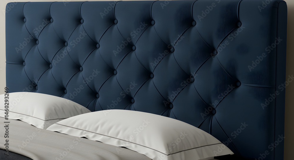 Obraz premium Comfortable Bedroom Interior Featuring A Blue Tufted Headboard And Pillows