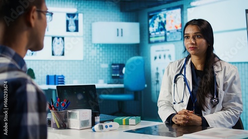 Medical expert and patient discussing diagnostic results in a modern cabinet, establishing advanced healthcare tools to present x ray imaging scans. Insurance management. Camera B.