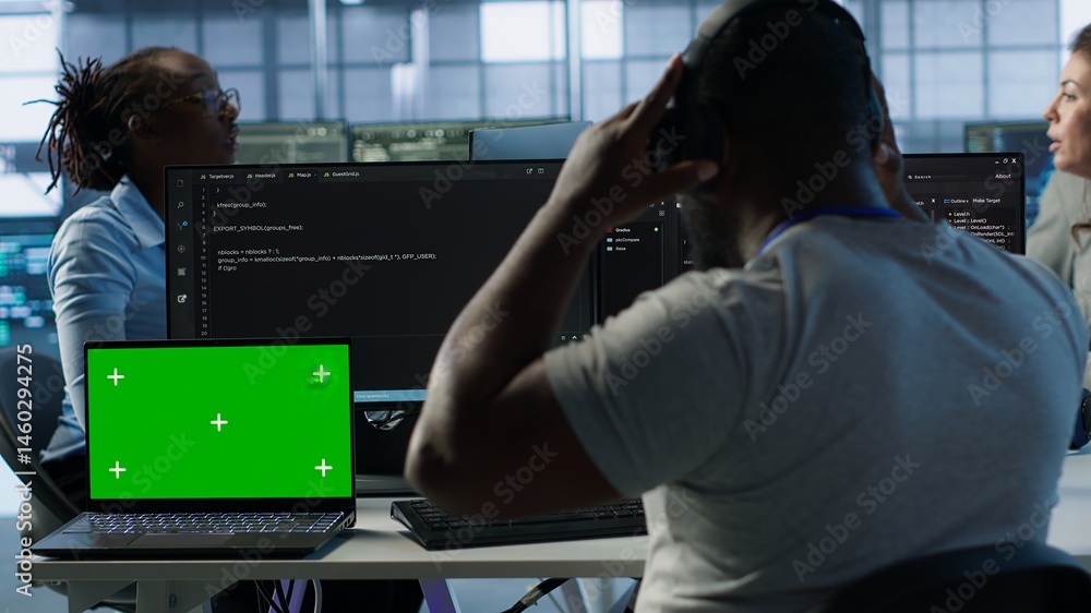 Isolated screen laptop next to programmer coding in server farm while listening music in headphones. Worker safeguarding hardware against unauthorized access with chroma key notebook, camera A