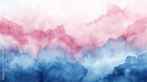 Abstract watercolor painting of a misty mountain range.