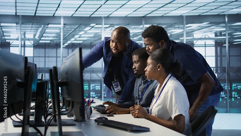 Coworkers in data center doing brainstorming, implementing AI predictive maintenance systems. Server hub colleagues discussing, using artificial intelligence to identify hardware failures, camera A