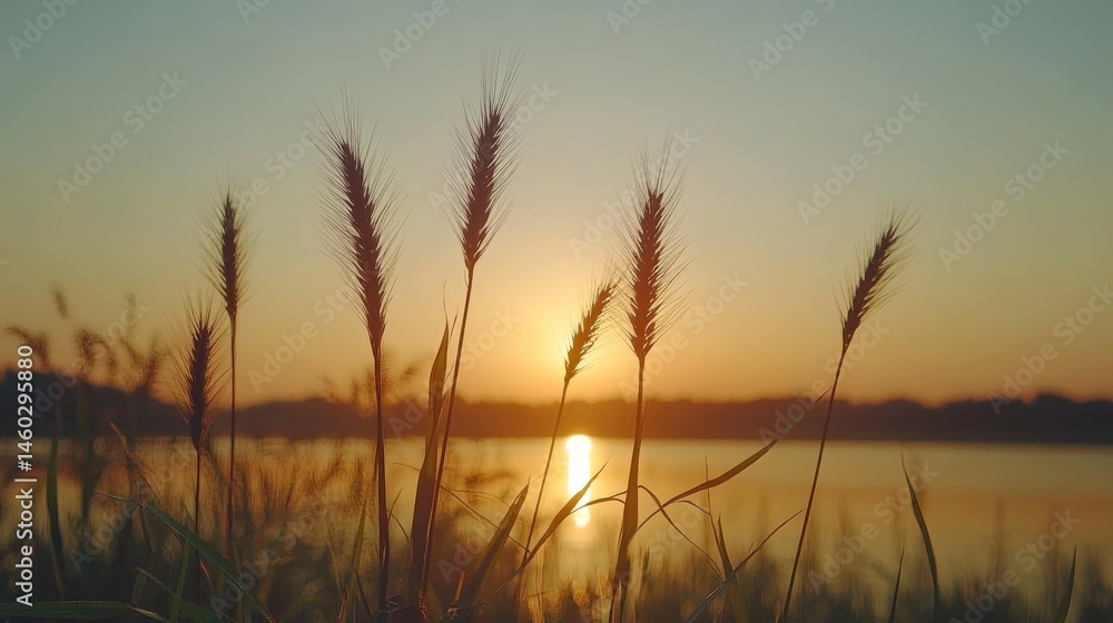 Fototapeta premium Golden sunset over a serene lake, framed by tall grass.
