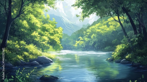 Lush river valley bathed in sunlight