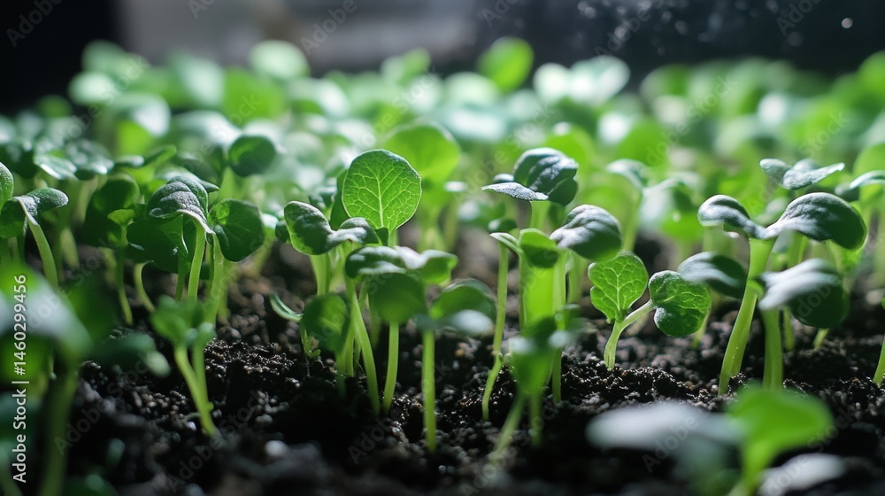 Close-up view of many small plants sprouting from dark soil. Close-up view of many small plants sprouting from dark soil.