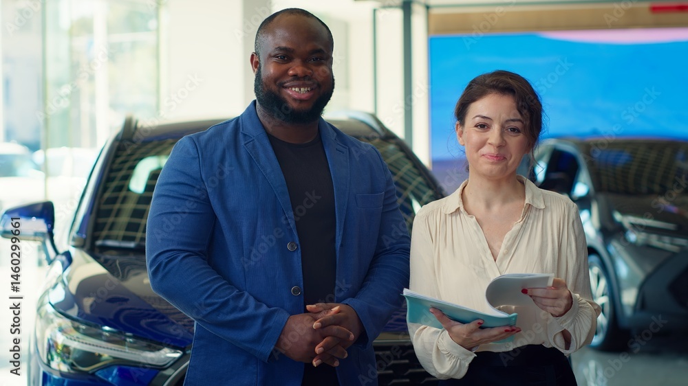 Portrait of happy customers in car showroom browsing automobiles catalog, checking characteristics and features before taking test drive. Cheerful clients comparing vehicle models, camera A