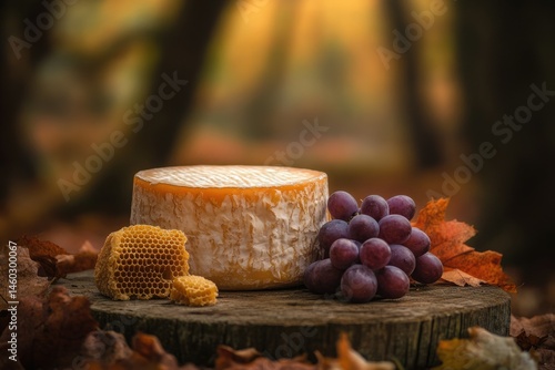 Wallpaper Mural A wheel of cheese sits on a tree stump surrounded by autumn leaves, grapes, and honeycomb. Torontodigital.ca