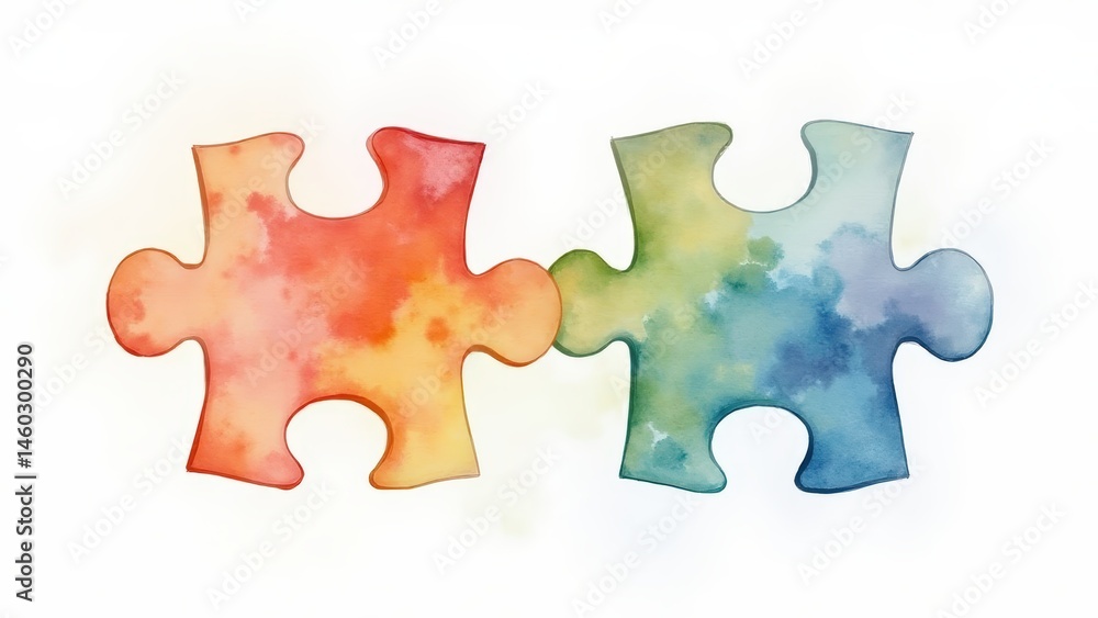 Fototapeta premium Watercolor Puzzle Pieces Interlocked: Connection, Teamwork, Partnership Concept. Colorful Jigsaw Isolated on White