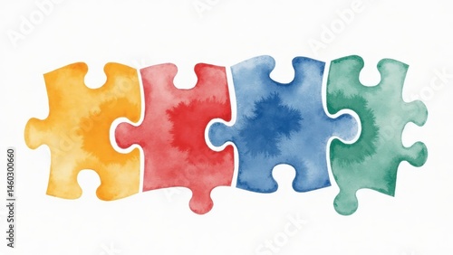 Watercolor Jigsaw Puzzle Pieces: Colorful Autism Awareness Concept, Teamwork, Collaboration, Problem Solving