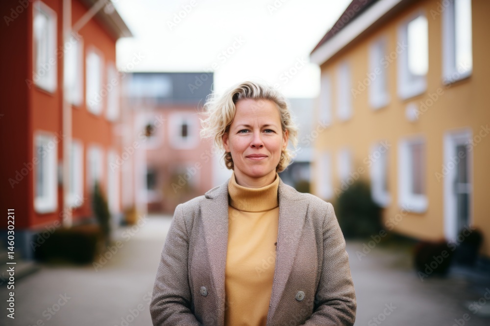 Obraz premium portrait of a middle age body positive woman with slightly messy modern apartment in the background in sweden