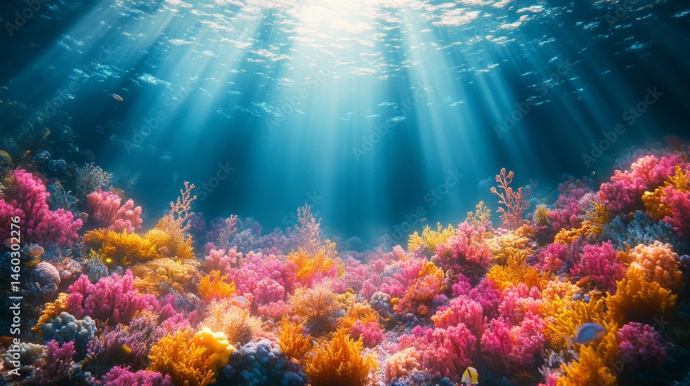 Fototapeta premium Vibrant underwater coral reef illuminated by sunlight.