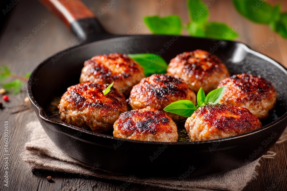 Meatballs are browning in a cast iron skillet, showcasing a crispy exterior. Fresh basil leaves add a touch of color, while the wooden table enhances the rustic feel of the setting Meatballs are browning in a cast iron skillet, showcasing a crispy exterior. Fresh basil leaves add a touch of color, while the wooden table enhances the rustic feel of the setting