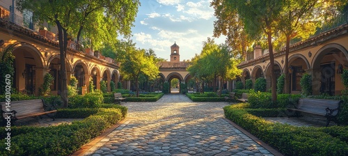 Sunny Courtyard Garden Path, Spanish Architecture, Peaceful Background