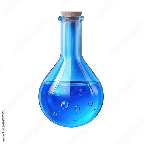 Volumetric illustration of a blue beaker displaying liquid bubbles in a laboratory setting