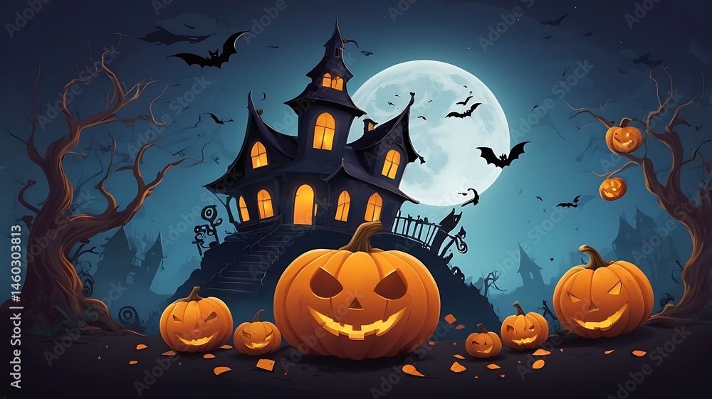 Haunted Halloween House with Glowing Pumpkins, Bats, and Full Moon – Spooky Night Illustration. Haunted Halloween House with Glowing Pumpkins, Bats, and Full Moon – Spooky Night Illustration.