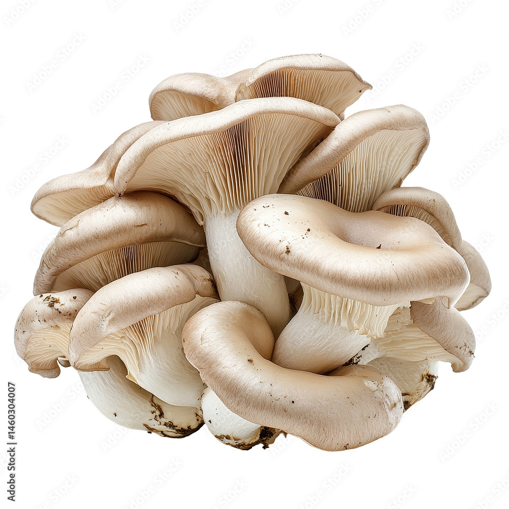 Oyster mushrooms displayed on a Transparent background highlighting their unique texture and shape, oyster mushroom isolated on PNG background Oyster mushrooms displayed on a Transparent background highlighting their unique texture and shape, oyster mushroom isolated on PNG background
