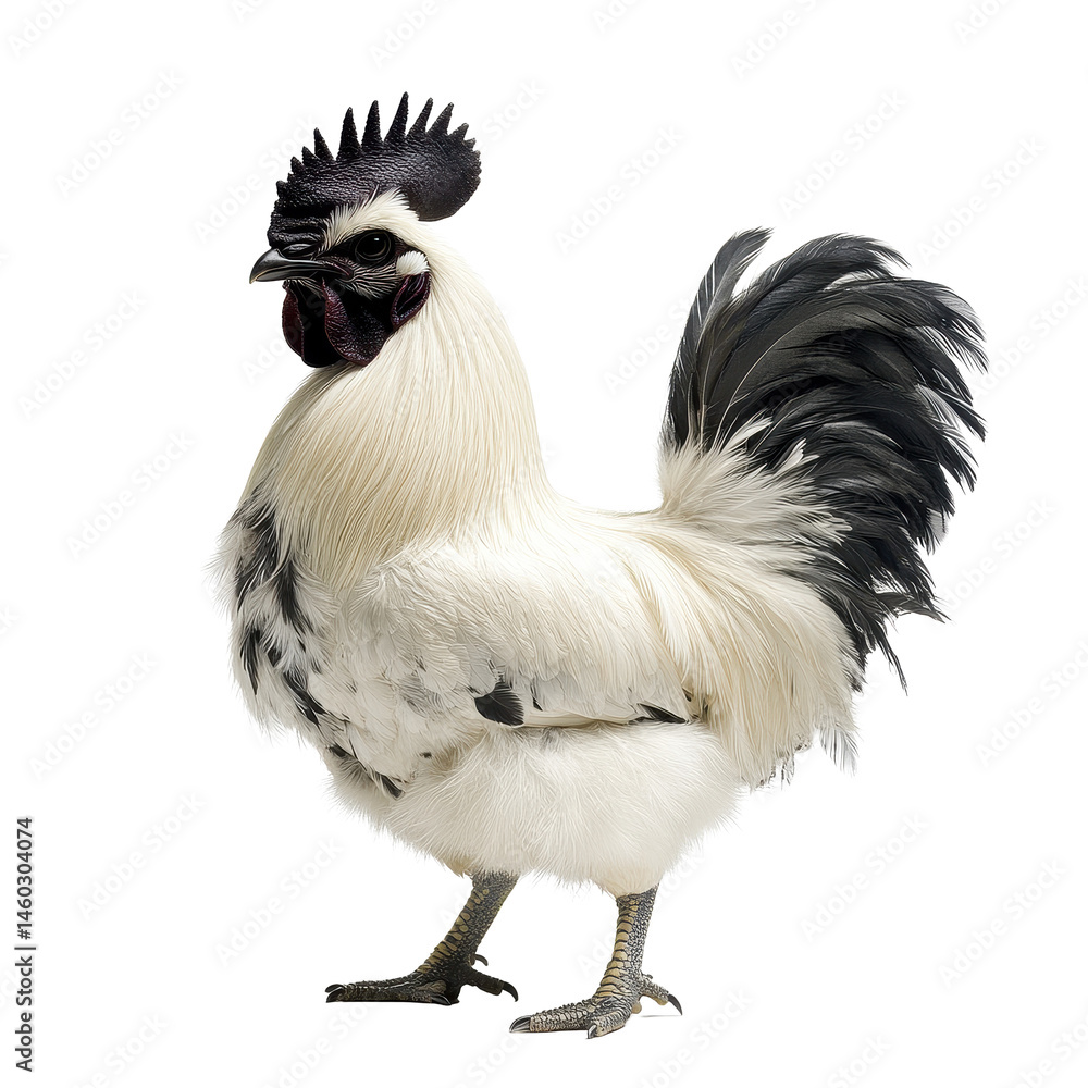 Fototapeta premium Silkie rooster stands proudly on a Transparent background showcasing unique feathering and striking features, silkie rooster,isolated PNG background