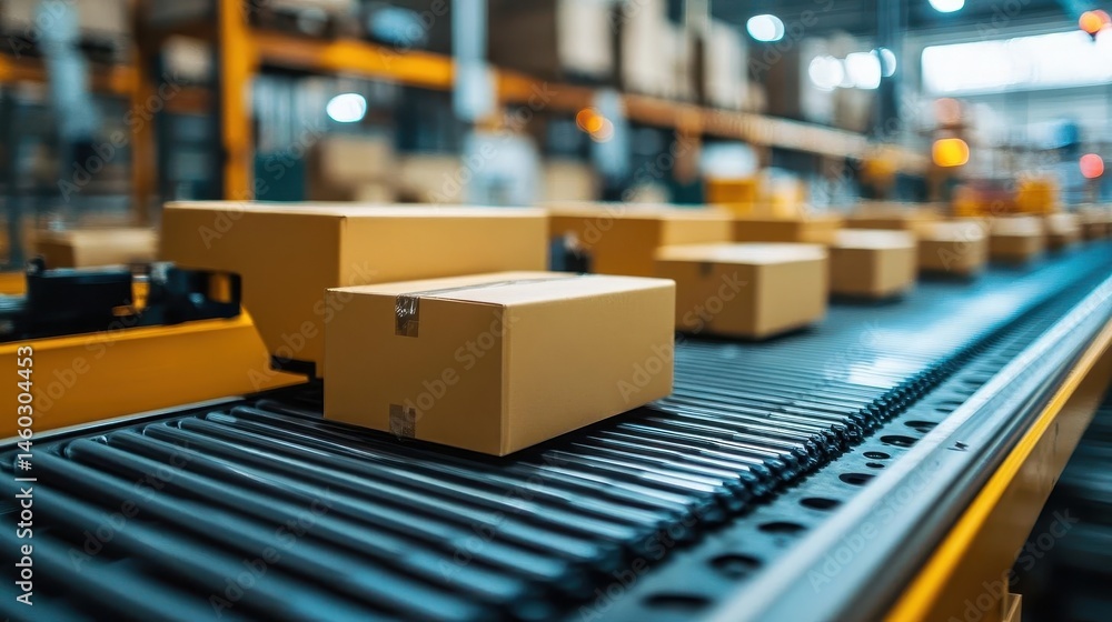A wideangle shot of automated packing machines in a warehouse, Automation, Hightech and fast A wideangle shot of automated packing machines in a warehouse, Automation, Hightech and fast