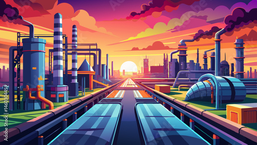 Industrial landscape showcasing a complex network of pipelines, leading towards a sprawling refinery under the vibrant light of a setting sun, symbolizing energy and infrastructure