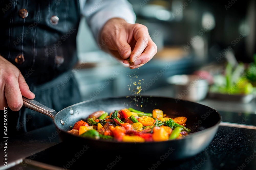 A skilled chef seasons a vibrant mix of fresh vegetables in a pan, showcasing culinary expertise in a bright, contemporary kitchen filled with various ingredients A skilled chef seasons a vibrant mix of fresh vegetables in a pan, showcasing culinary expertise in a bright, contemporary kitchen filled with various ingredients