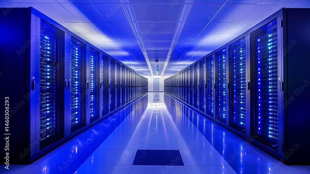 Fototapeta premium Modern Data Center Server Room with Blue Lighting Technology Infrastructure