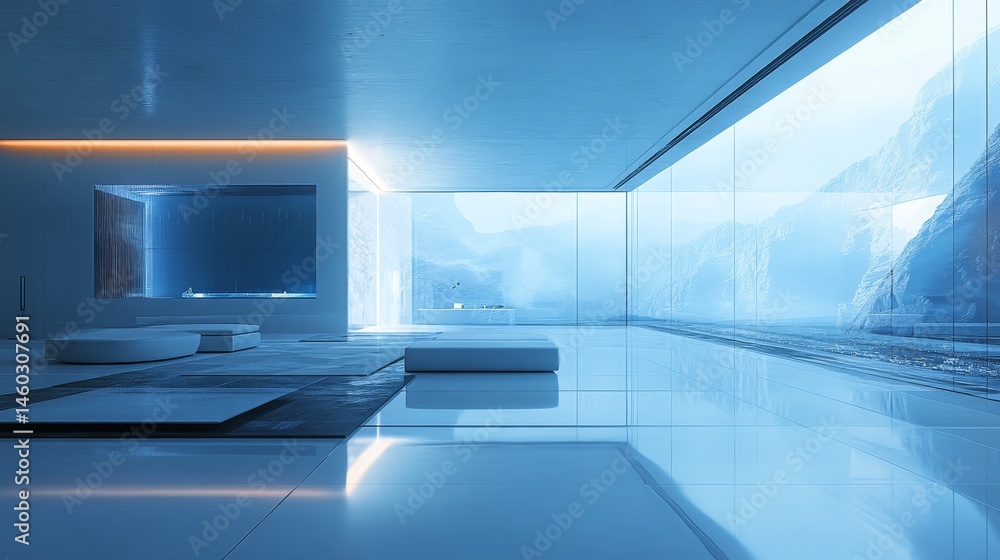 Fototapeta premium Modern, minimalist interior design with panoramic mountain view.