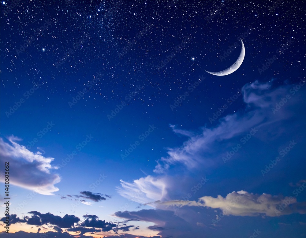 Fototapeta premium a starry night sky with a crescent moon and clouds