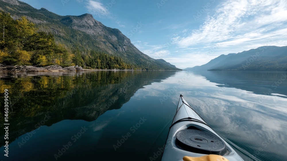 A serene lake reflecting the mountains and sky with a kayak gliding across the water embodying adventure and tranquility in nature.
