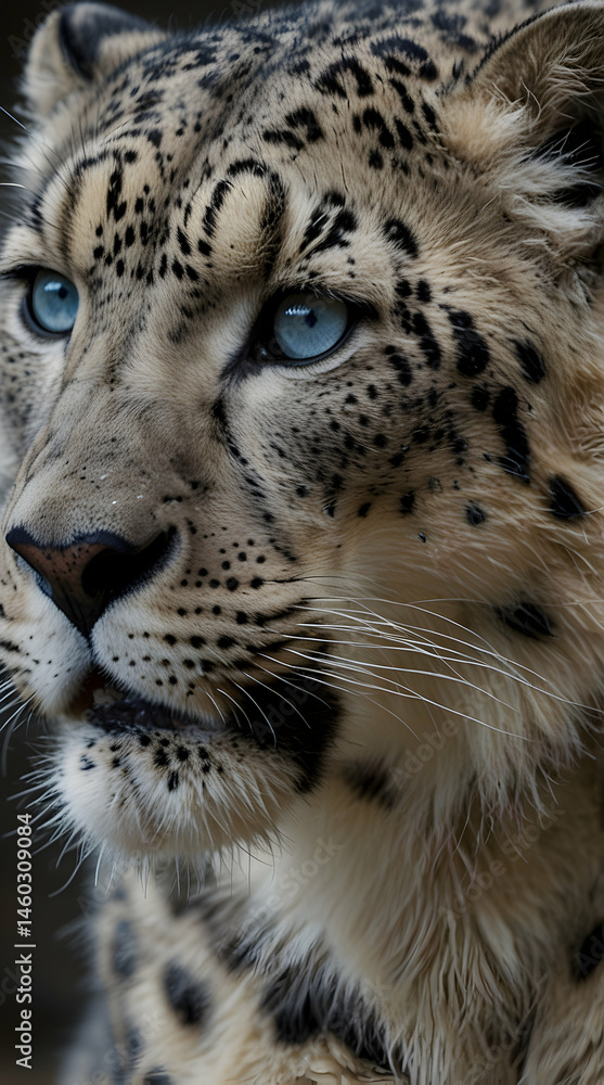 Naklejka premium Snow Leopard Close-Up with Blue Eyes