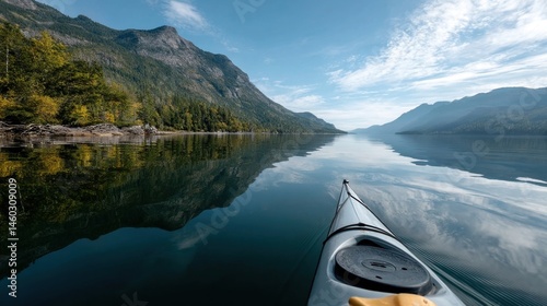 Obraz na płótnie A serene lake reflecting the mountains and sky with a kayak gliding across the water embodying adventure and tranquility in nature. w salonie
