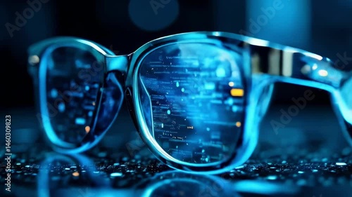 Futuristic vision test interface, digital data and holographic symbols in front of the eyes, cyberpunk 