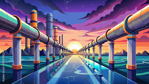 A long, industrial pipeline stretches into the distance under a cloudy sky, featuring repeating concrete support structures and glowing lights, reflecting in the water. 
