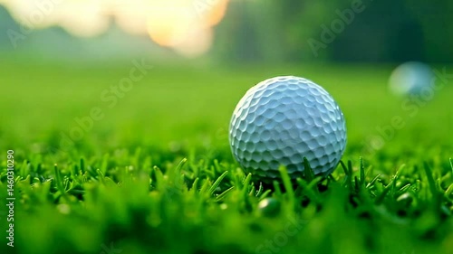 Golf ball lying on green grass in the light of the morning sun
