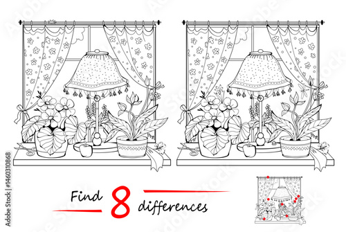 Find 8 differences. Hand drawn illustration of a window with flowers on the windowsill. Logic puzzle game for children and adults. Page for kids brain teaser book. Black and white vector drawing.