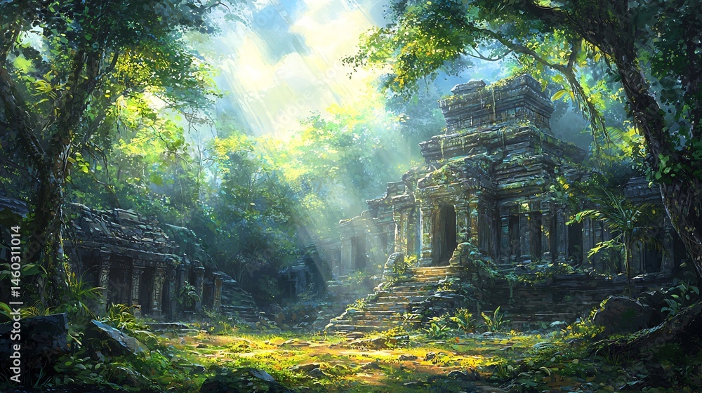 Ancient temple surrounded a lush overgrown jungle sunlight filtering through the trees cinematic discovery of the past Ancient temple surrounded a lush overgrown jungle sunlight filtering through the trees cinematic discovery of the past