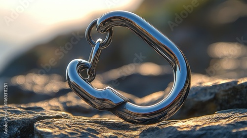 Shiny metal carabiner on rocks, outdoor