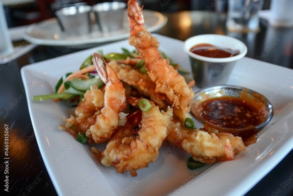 Tempura: A plate of crispy tempura vegetables and shrimp with dipping sauce Tempura: A plate of crispy tempura vegetables and shrimp with dipping sauce
