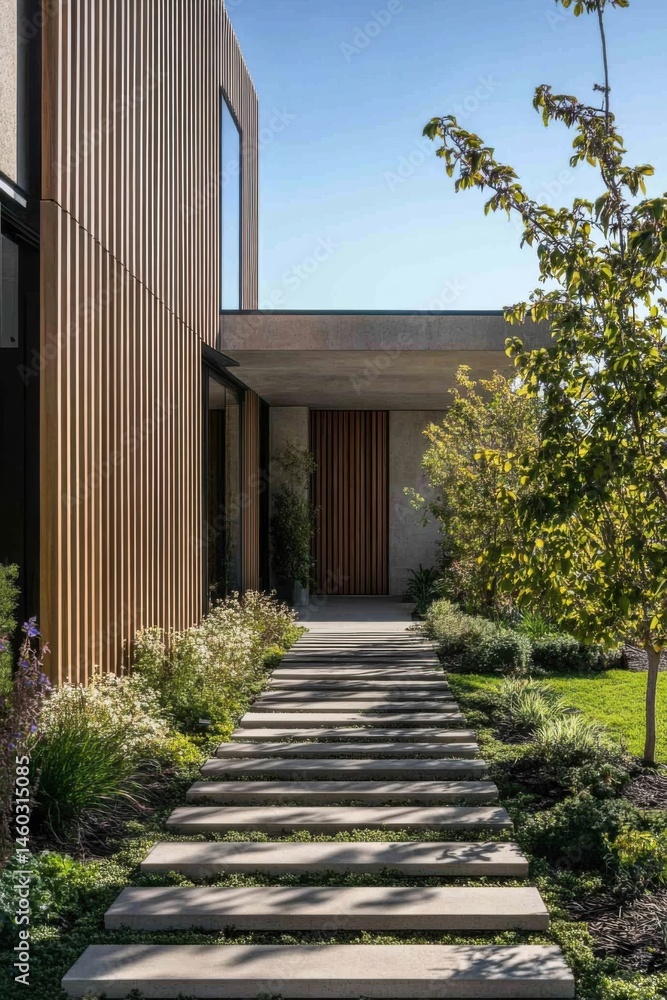 Obraz premium Modern architectural design featuring a stylish entrance with stone pathway surrounded by greenery and plants in a residential setting during daylight hours
