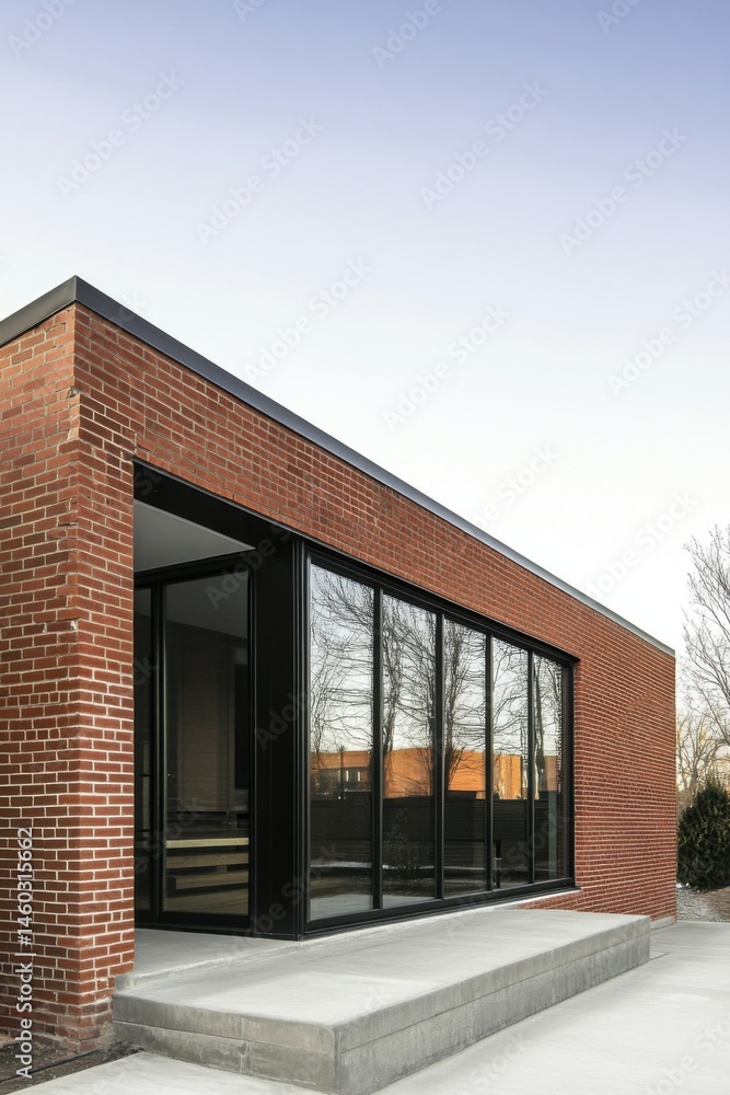 The sleek modern brick structure, featuring large expansive windows, exemplifies contemporary architectural style in a vibrant urban landscape during the daytime The sleek modern brick structure, featuring large expansive windows, exemplifies contemporary architectural style in a vibrant urban landscape during the daytime