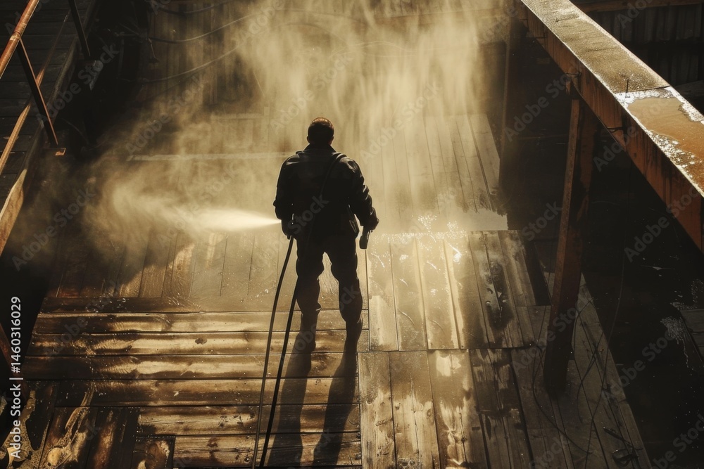 Fototapeta premium view from floor of man cleaning wooden terrace floor with high pressure washer